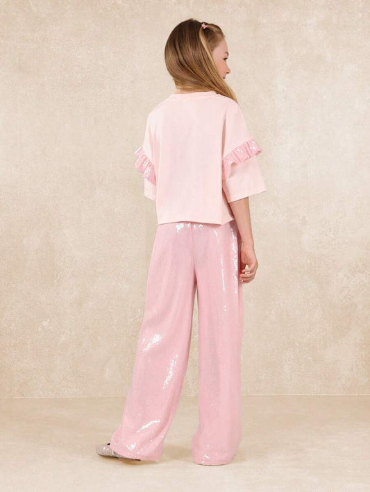 Tween Girls Crop Elbow Sleeve Sequin Top And Straight Fit Pant