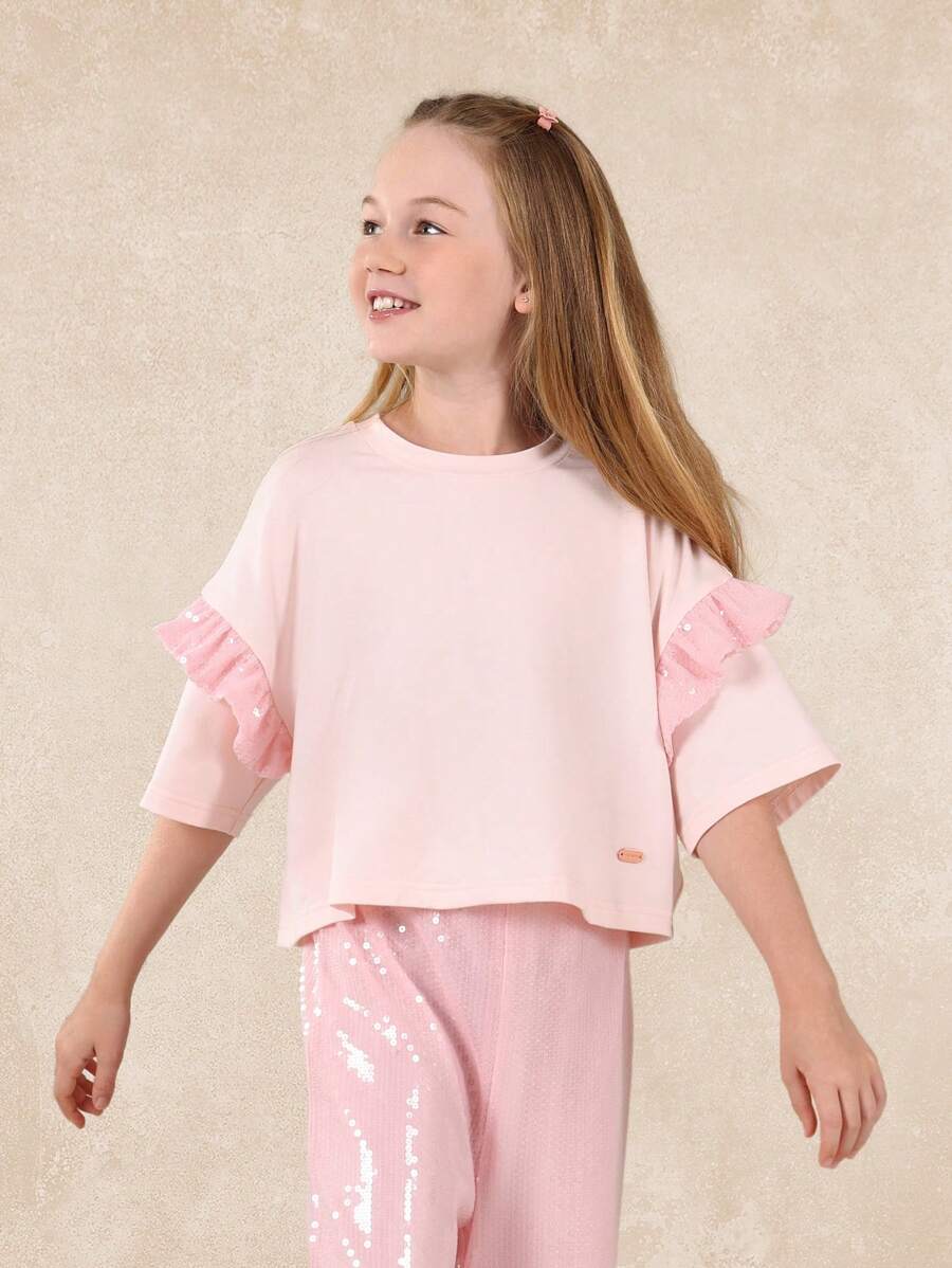Tween Girls Crop Elbow Sleeve Sequin Top And Straight Fit Pant