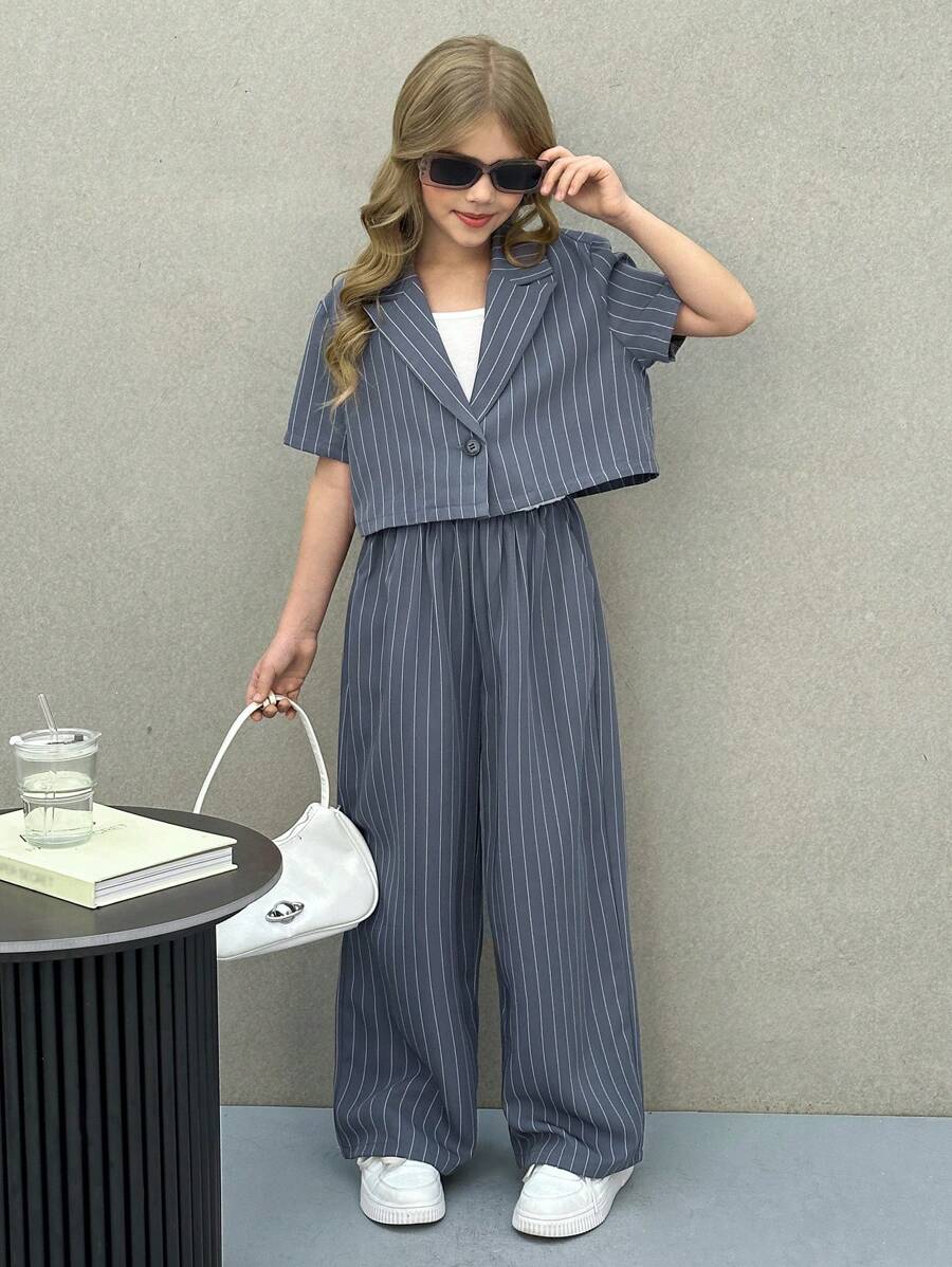 Tween Girls Woven Solid Color Lapel Neck Short Sleeve Jacket And Straight-Leg Pants Blue