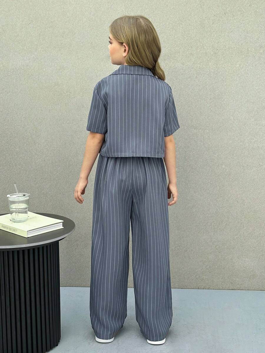 Tween Girls Woven Solid Color Lapel Neck Short Sleeve Jacket And Straight-Leg Pants