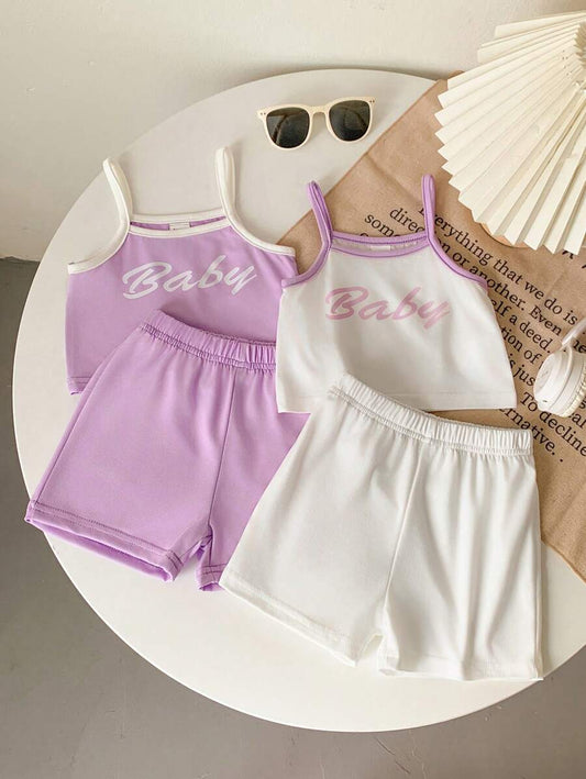 4pcs/Set Casual Versatile Dual-Color Contrast Knit Camisole Top And Shorts Purple