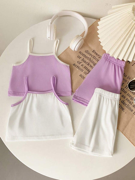4pcs/Set Casual Versatile Dual-Color Contrast Knit Camisole Top And Shorts