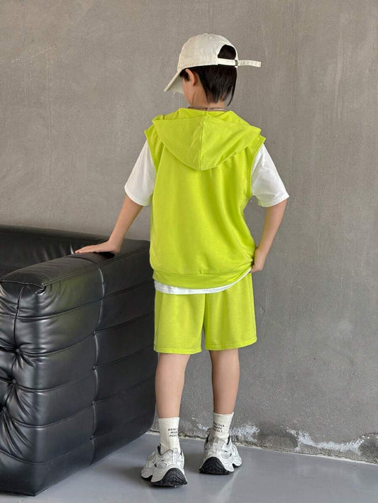 Tween Boys Casual Sports Solid Color Hoodie Vest, Crew Neck Tee & Shorts
