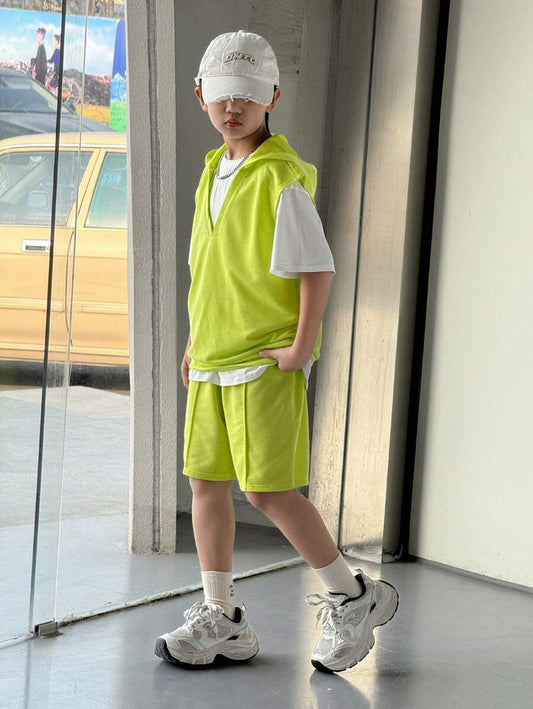 Tween Boys Casual Sports Solid Color Hoodie Vest, Crew Neck Tee & Shorts Multicolor