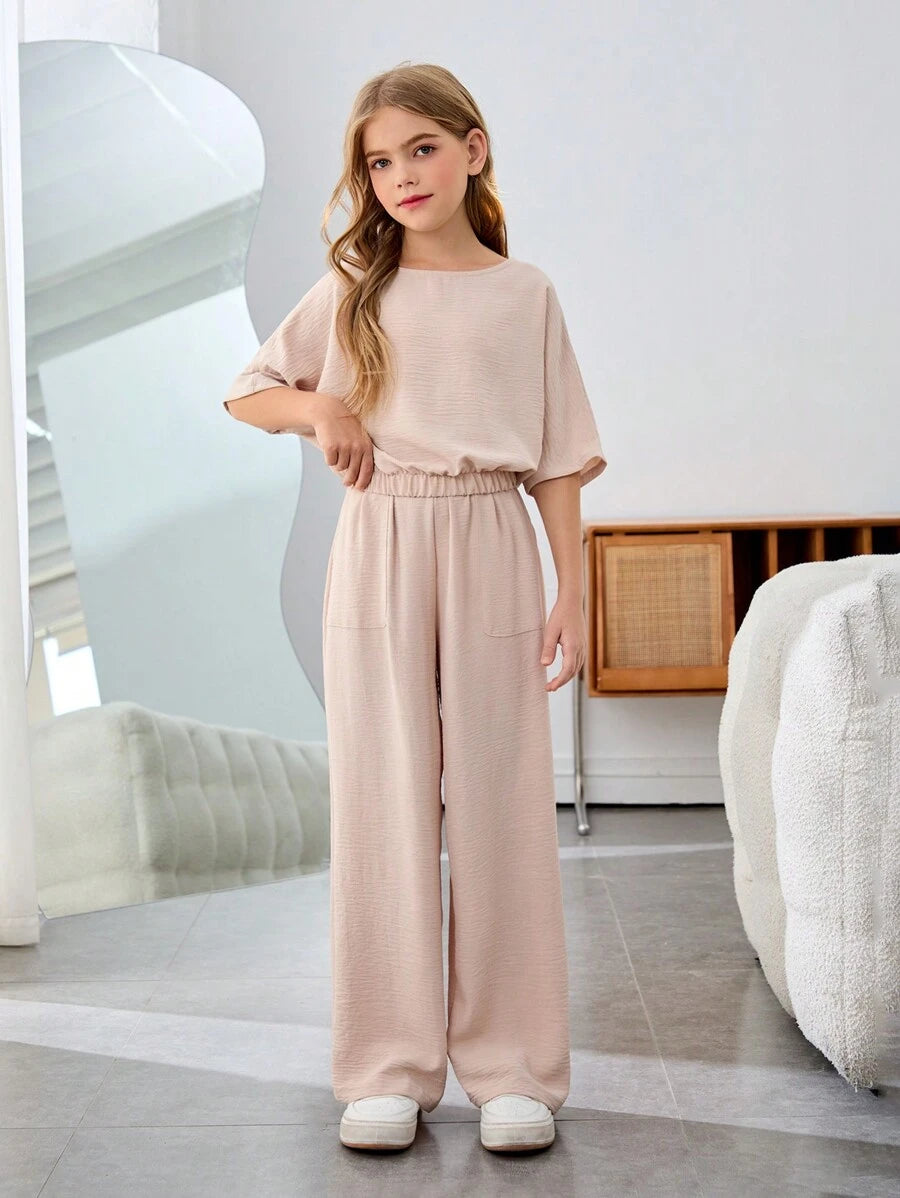 Tween Girl Vacation Casual Solid Color Round Neck Short Sleeve 2Pcs Set