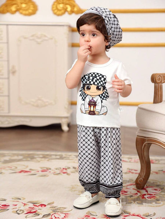 Baby Boy Crew Neck Short Sleeve Printed Casual Top And Pants Set Multicolor 2-3Y