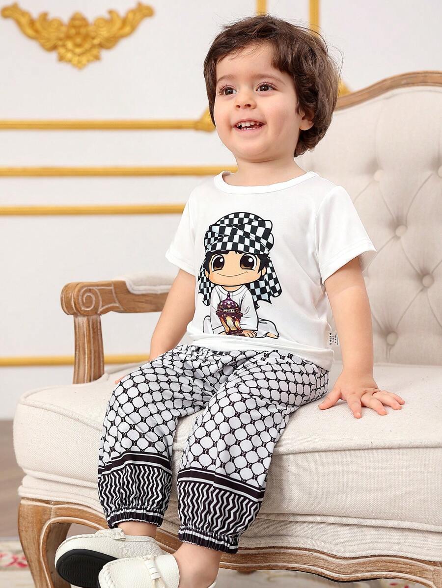Baby Boy Crew Neck Short Sleeve Printed Casual Top And Pants Set
