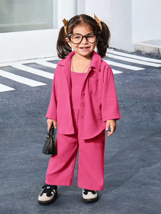 3pcs Baby Girls Minimalist Solid Color "Babygirl" Shirt, Pullover, And Pant Set Hot Pink