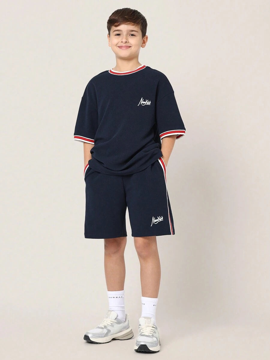 Tween Boys Comfy Oversized Fit Short Sleeve Tee And Short With Tape Black