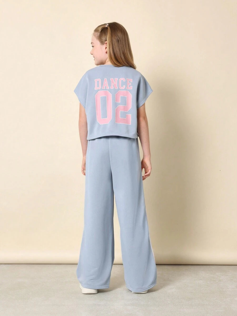 Tween Girls Comfy Boxy Fit Crop Sleeveless Tee And Straight Fit Pants Blue