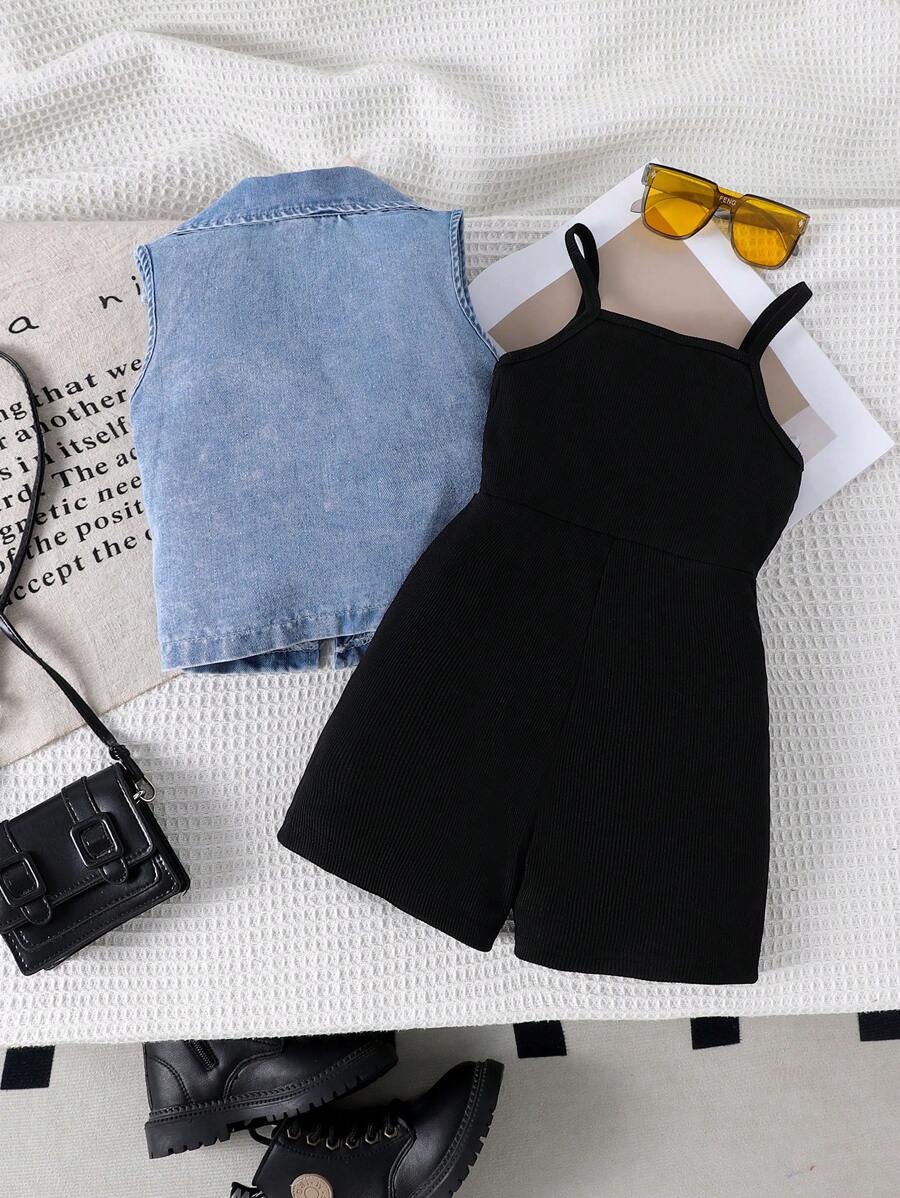2pcs Young Girl Retro Denim Vest + Overalls Set