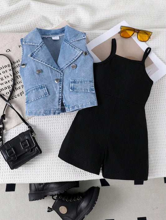 2pcs Young Girl Retro Denim Vest + Overalls Set Black