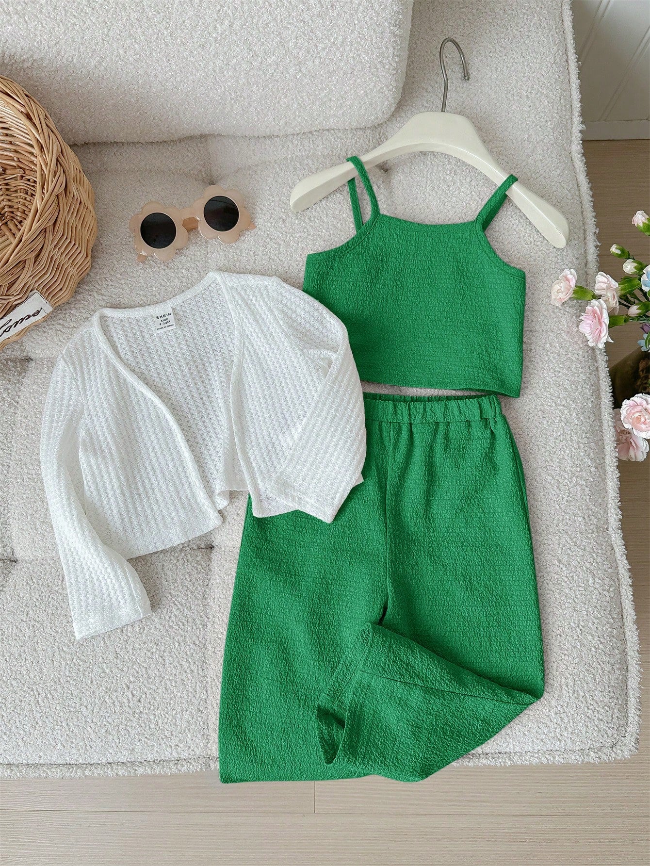 Baby Girl Cute Casual Knitted Long Sleeve Cardigan, Solid Color Tank Top & Long Pants Green