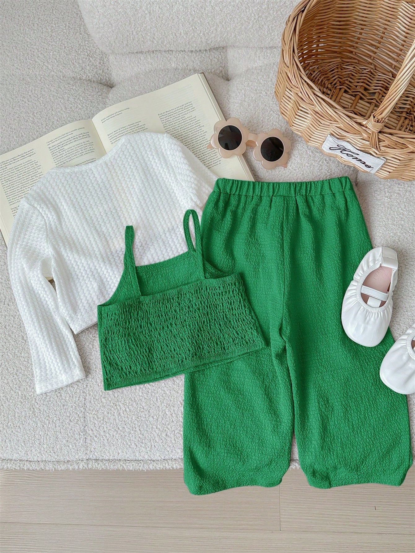 Baby Girl Cute Casual Knitted Long Sleeve Cardigan, Solid Color Tank Top & Long Pants