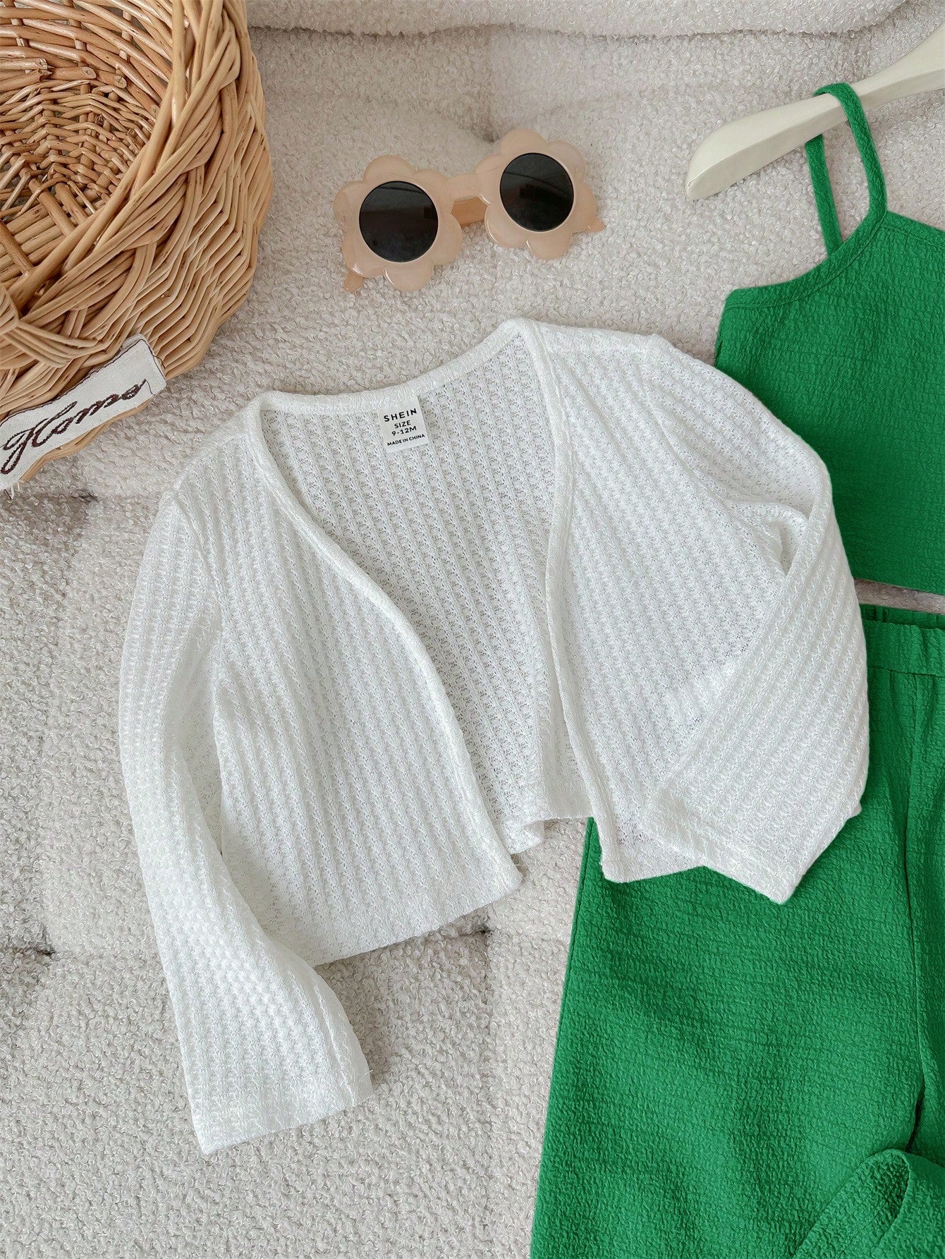 Baby Girl Cute Casual Knitted Long Sleeve Cardigan, Solid Color Tank Top & Long Pants