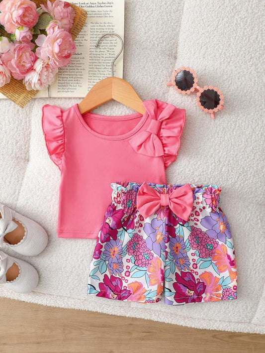 Bow Decor Cap Sleeve Top And Elastic Waist Shorts Set Hot Pink