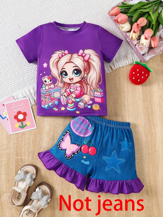 Butterfly And Star Print Soft Knit Fabric Short Sleeve T-Shirt And Denim Shorts Purple 6Y