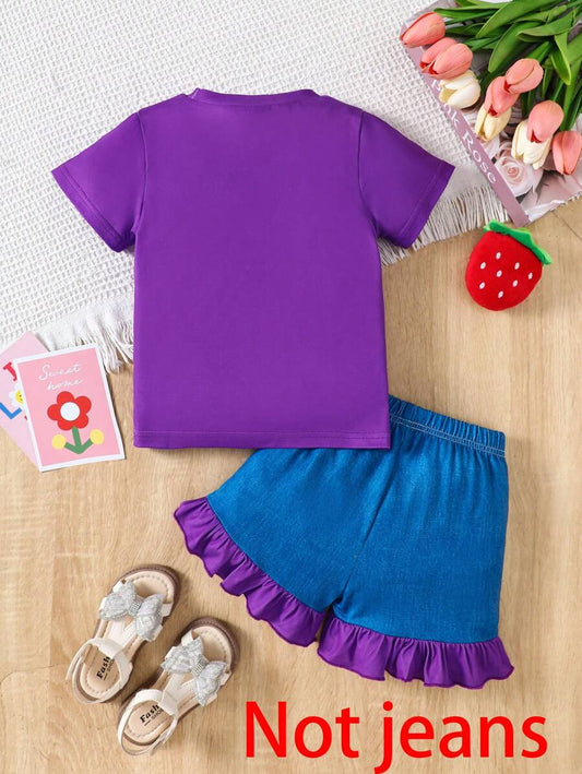 Butterfly And Star Print Soft Knit Fabric Short Sleeve T-Shirt And Denim Shorts