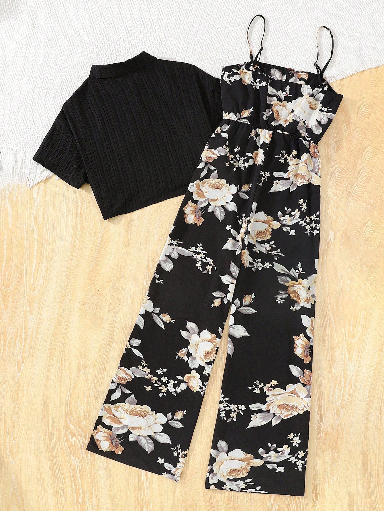 Teen Girl Woven Solid Color Raised Grid Collar Short Sleeve Shirt & Plant Printed Spaghetti Strap Jumpsuit