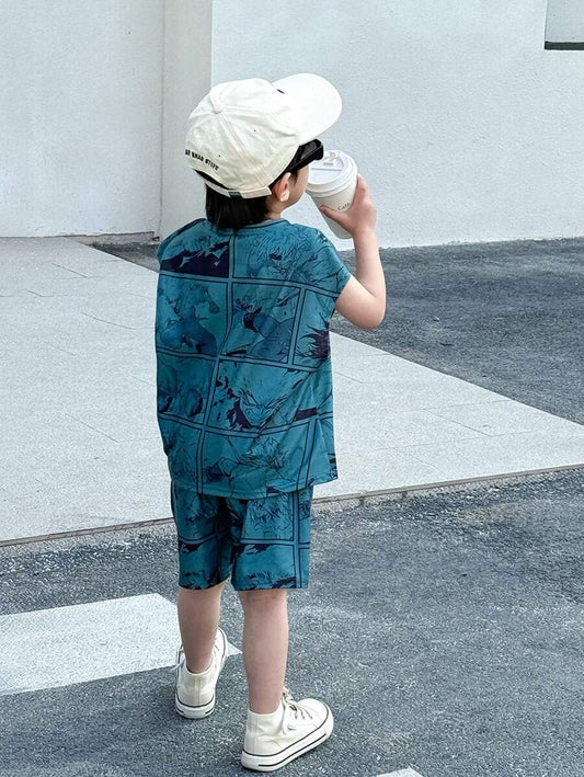 Versatile Cartoon Anime Printed Loose Tank Top And Shorts Two Pieces Set
