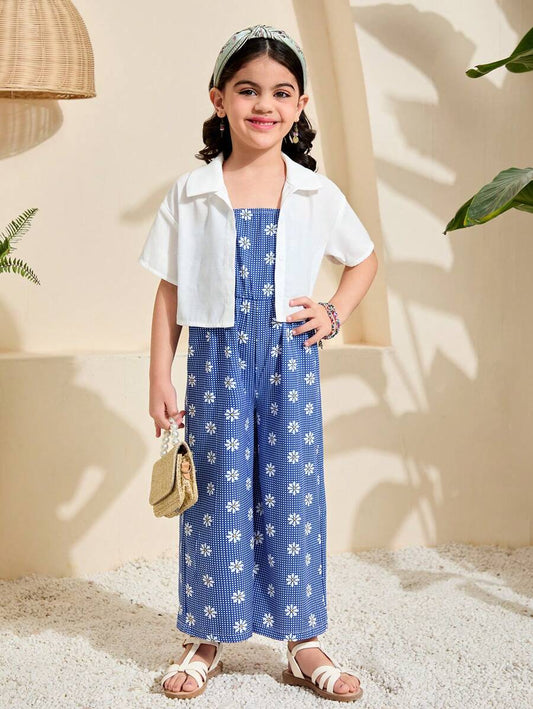 2pcs/Set Young Girl Plaid & Ditsy Floral Cropped Top And Suspender Jumpsuit Blue