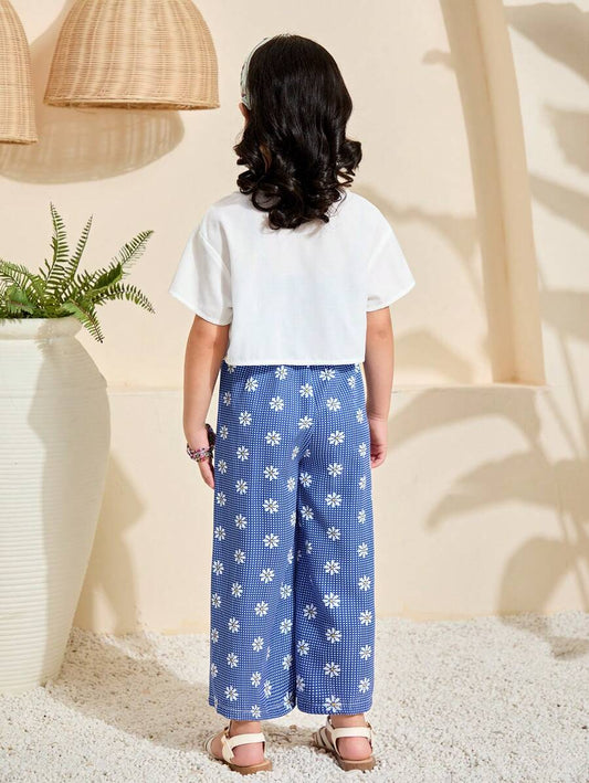 2pcs/Set Young Girl Plaid & Ditsy Floral Cropped Top And Suspender Jumpsuit
