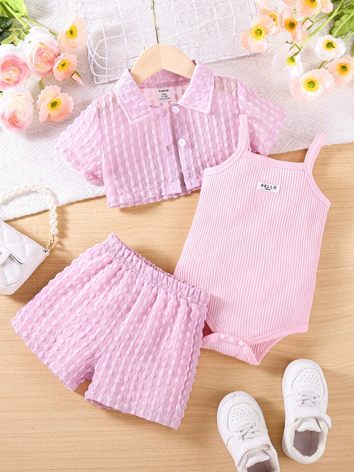 3pcs Baby Girls Vacation Casual Textured Fabric Shirt, Shorts + Jumpsuit Pink
