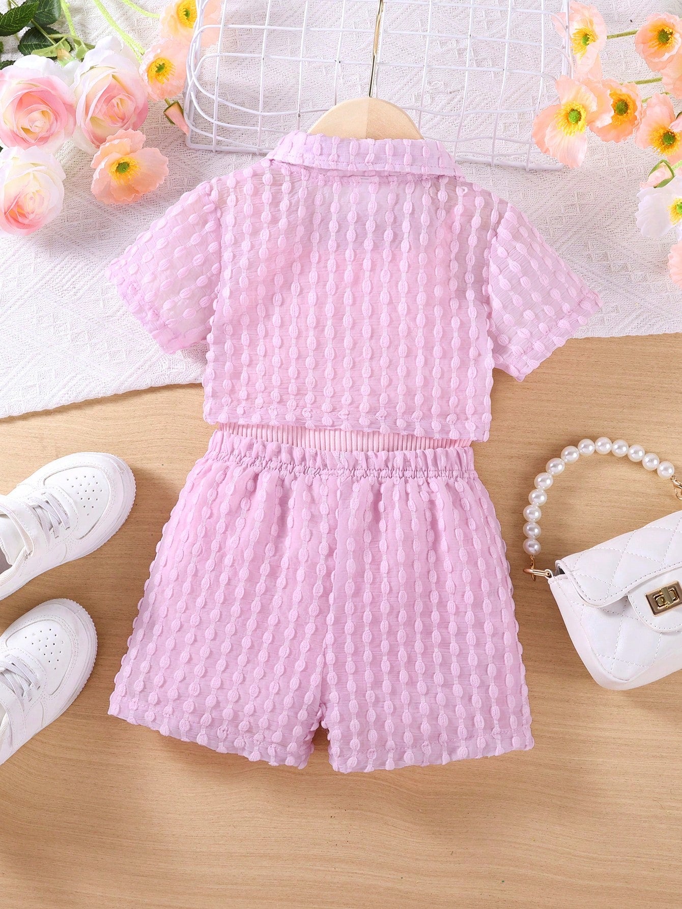 3pcs Baby Girls Vacation Casual Textured Fabric Shirt, Shorts + Jumpsuit
