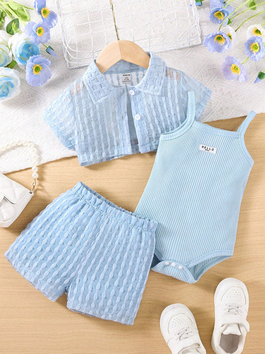 3pcs Baby Girls Vacation Casual Textured Fabric Shirt, Shorts + Jumpsuit Baby Blue