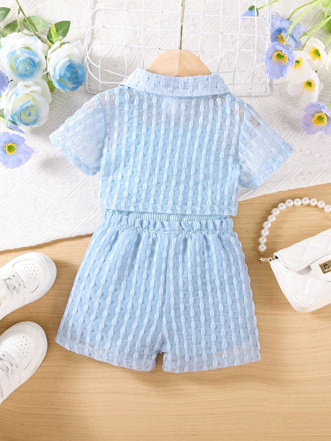 3pcs Baby Girls Vacation Casual Textured Fabric Shirt, Shorts + Jumpsuit