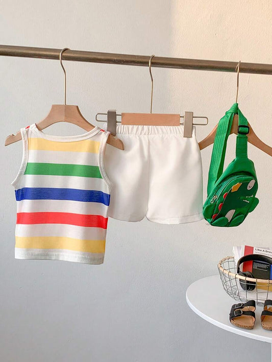 Colorful Striped Dinosaur Printed Sleeveless Tank Tops & White Shorts, With Green Accessory Pack