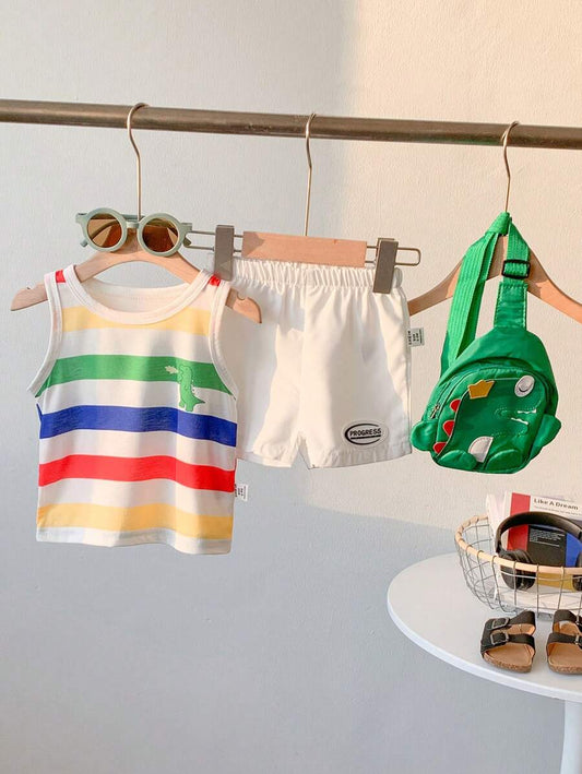 Colorful Striped Dinosaur Printed Sleeveless Tank Tops & White Shorts, With Green Accessory Pack Multicolor