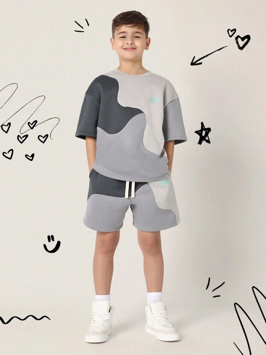 Tween Boys Comfy Regular Fit Colour Block Curve Panelled Tee And Shorts Grey