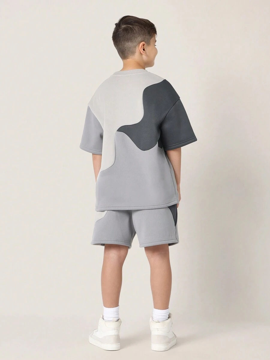 Tween Boys Comfy Regular Fit Colour Block Curve Panelled Tee And Shorts