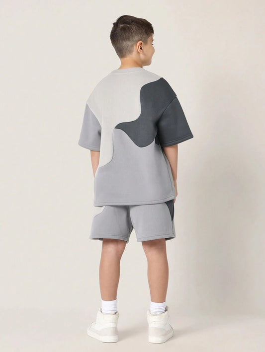Tween Boys Comfy Regular Fit Colour Block Curve Panelled Tee And Shorts