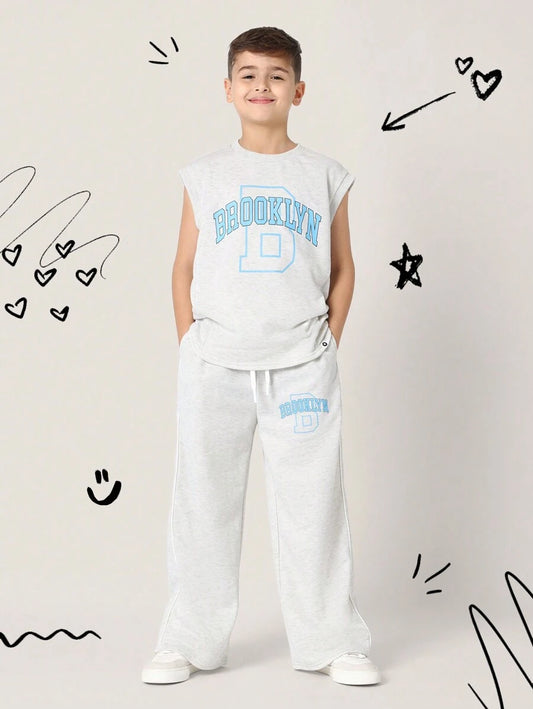 Tween Boys Comfy Regular Fit Tank Top And Loose Fit Sweatpants Grey