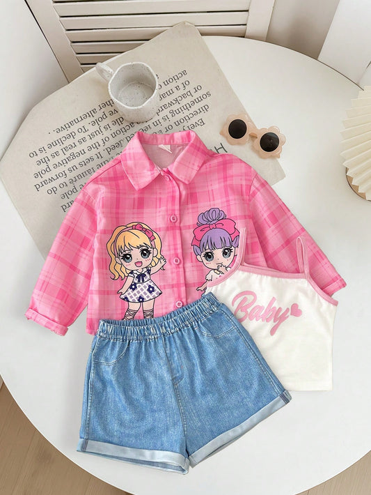 Baby Girl Cartoon Pattern Shirt, Camisole And Shorts Set
