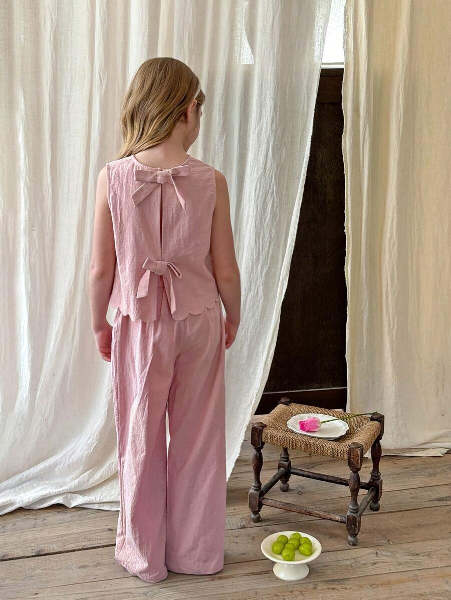 Tween Girls Plain Round Neck Casual Shirt And Loose Woven Wide Leg Pants Coral Pink