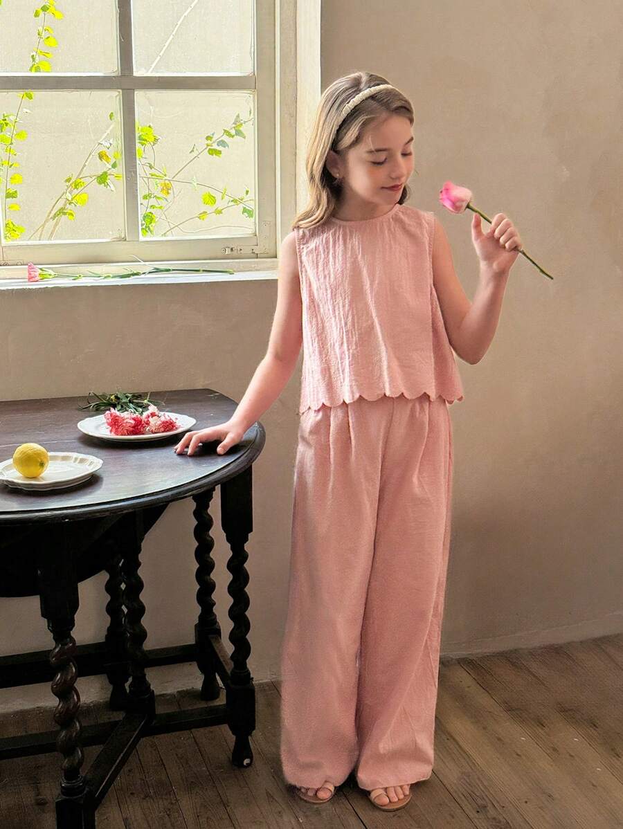 Tween Girls Plain Round Neck Casual Shirt And Loose Woven Wide Leg Pants