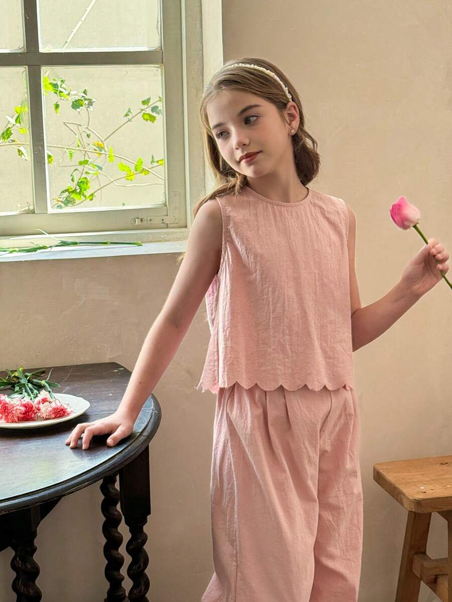Tween Girls Plain Round Neck Casual Shirt And Loose Woven Wide Leg Pants
