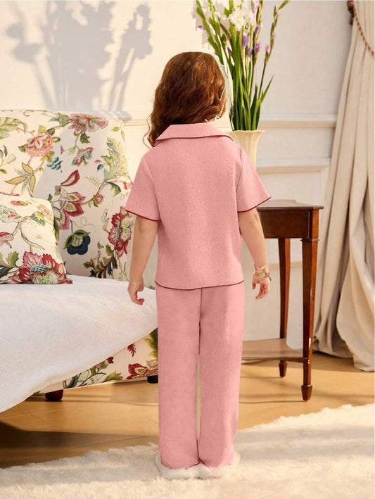 Cherry Embroidery Long Pants And Loose Fit Short Sleeve Home