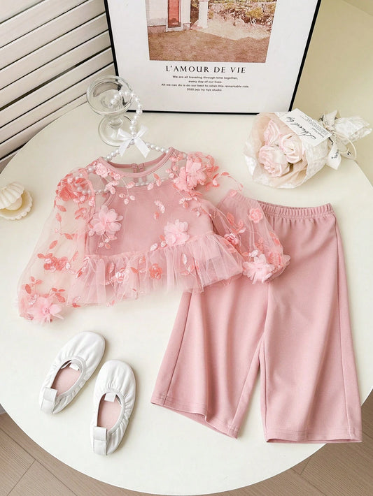 2pcs Cute Floral Print Mesh Tank Top And Pants Pink