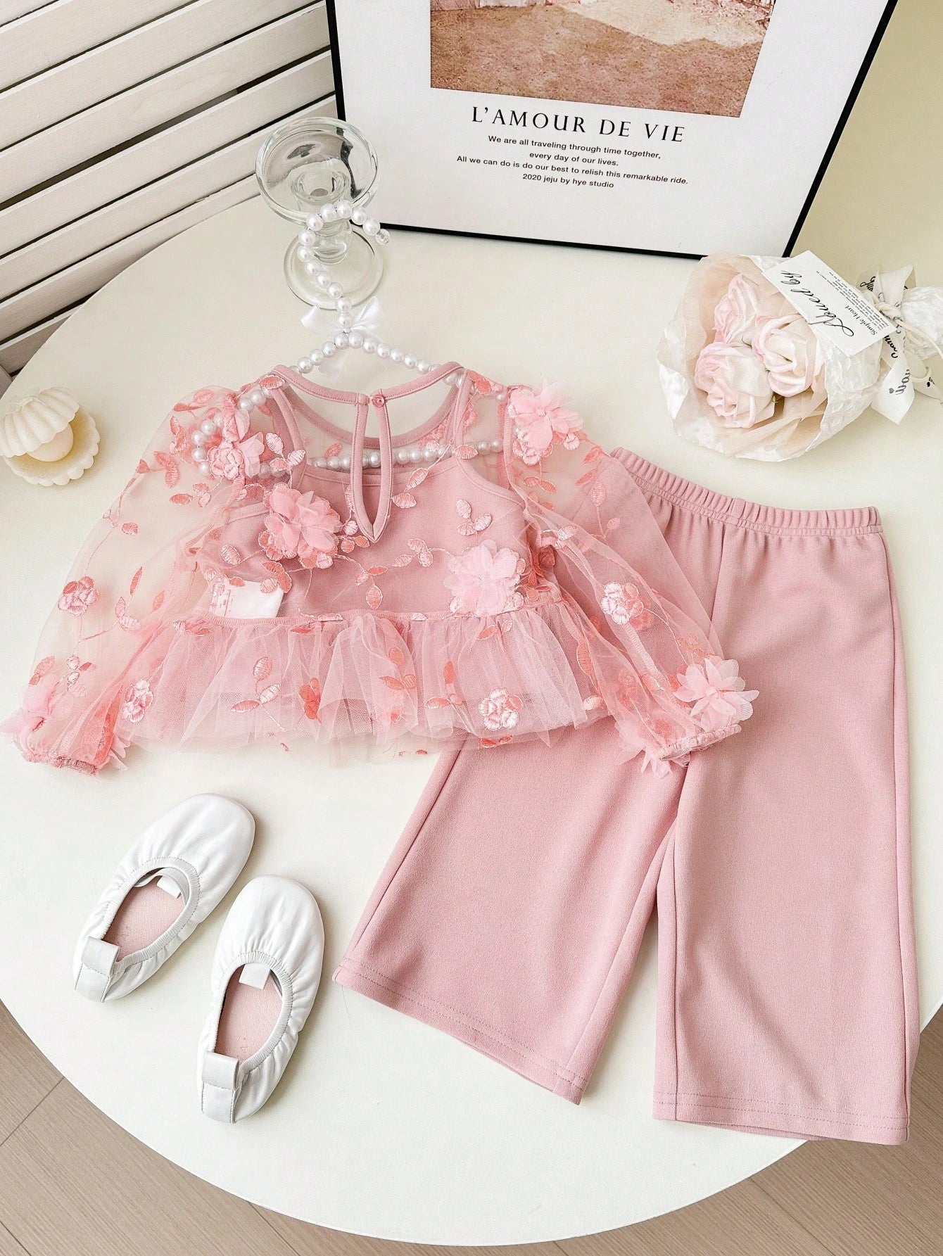 2pcs Cute Floral Print Mesh Tank Top And Pants
