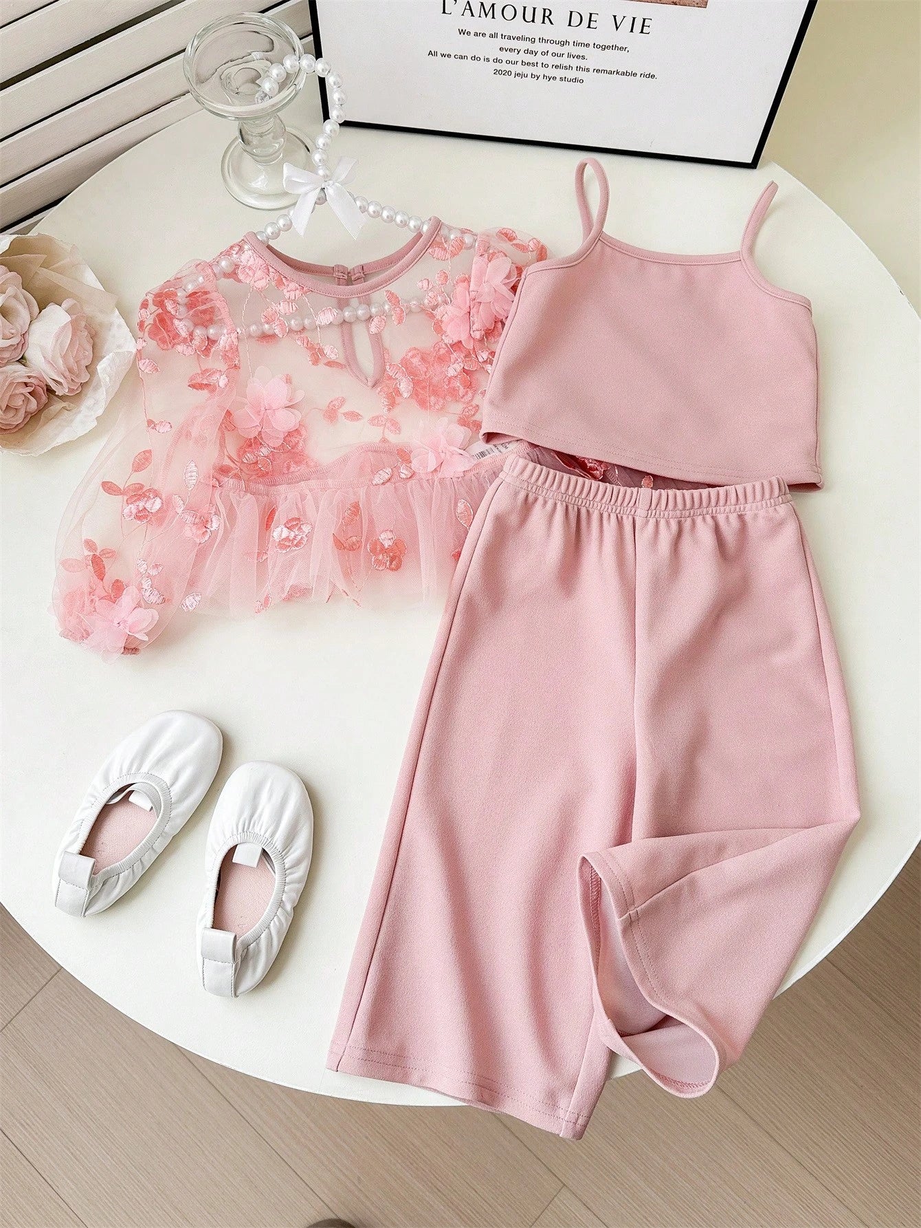 2pcs Cute Floral Print Mesh Tank Top And Pants