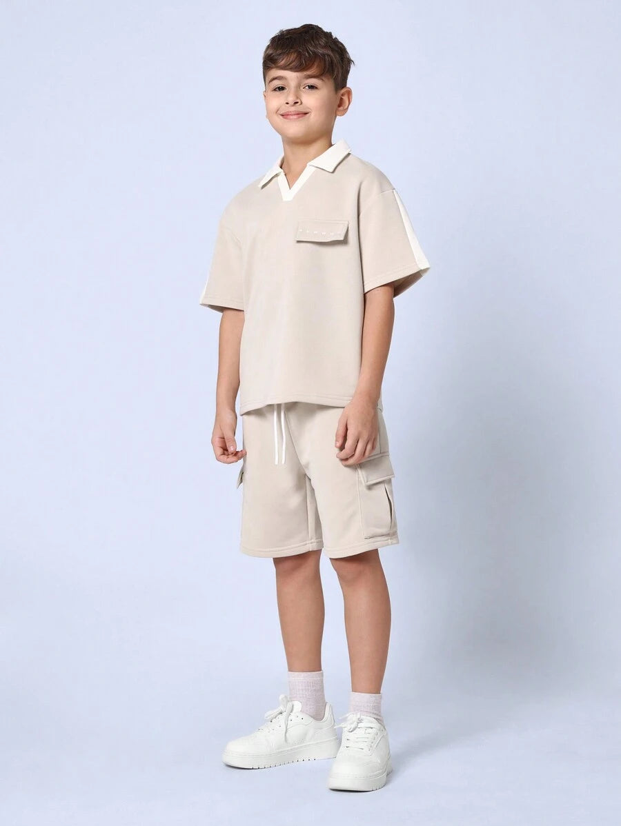 Tween Boys Comfy Boxy Fit V-Neck Polo And Cargo Short With Drawstrings Khaki
