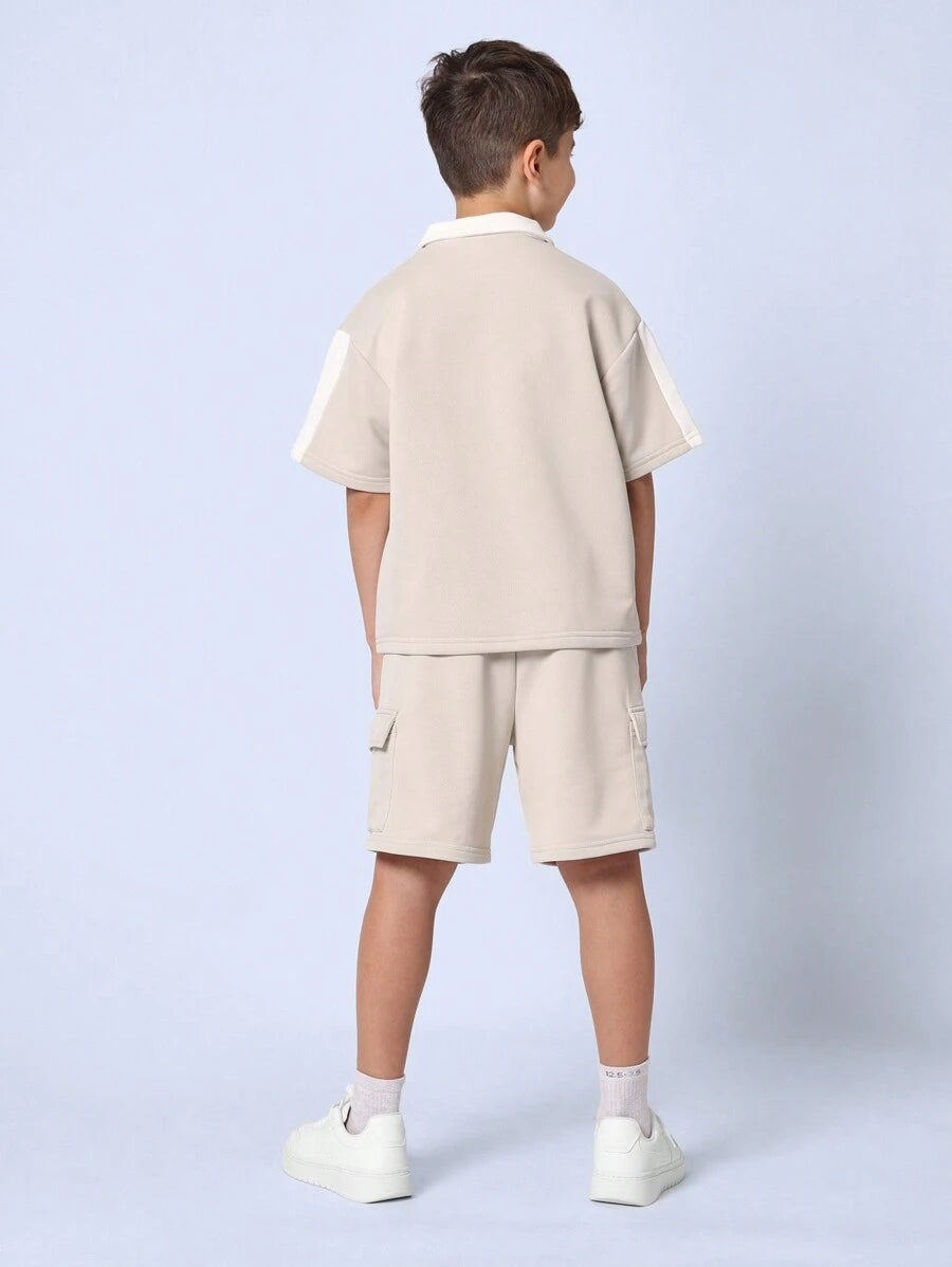 Tween Boys Comfy Boxy Fit V-Neck Polo And Cargo Short With Drawstrings