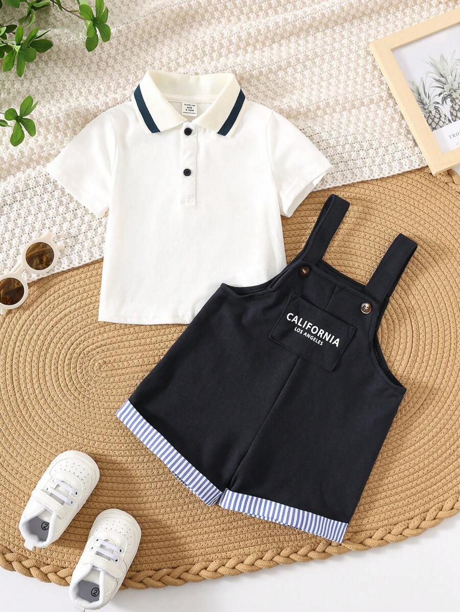 Baby Boy Cute Casual Polo Shirt & Overall Shorts With Letter Print Set