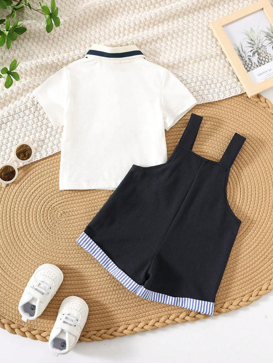Baby Boy Cute Casual Polo Shirt & Overall Shorts With Letter Print Set