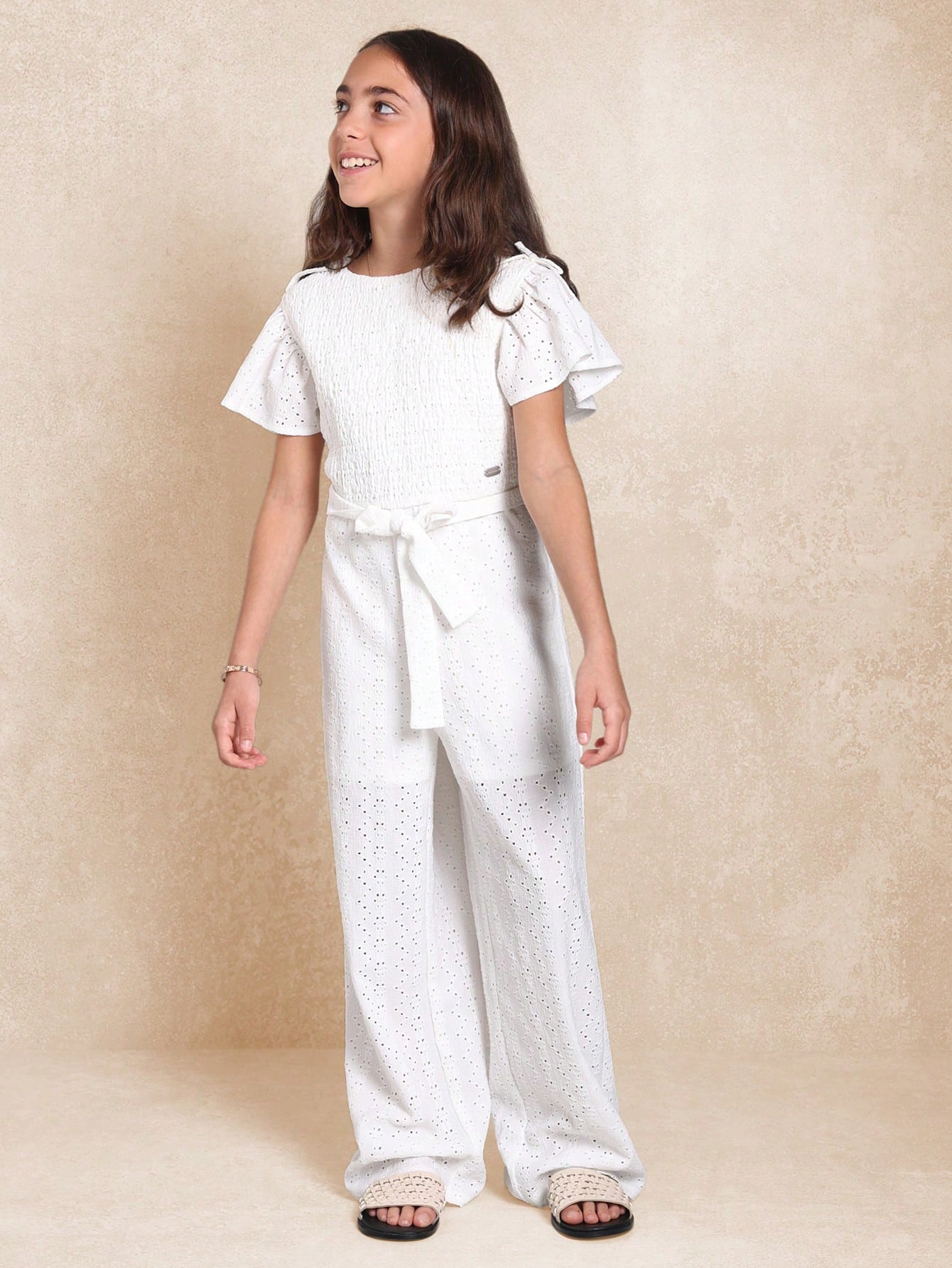 Tween Girls Frill Sleeve Jersey Broderie Jumpsuit With Ribbon On White
