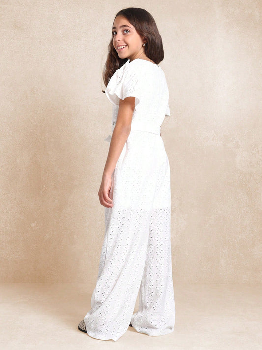 Tween Girls Frill Sleeve Jersey Broderie Jumpsuit With Ribbon On